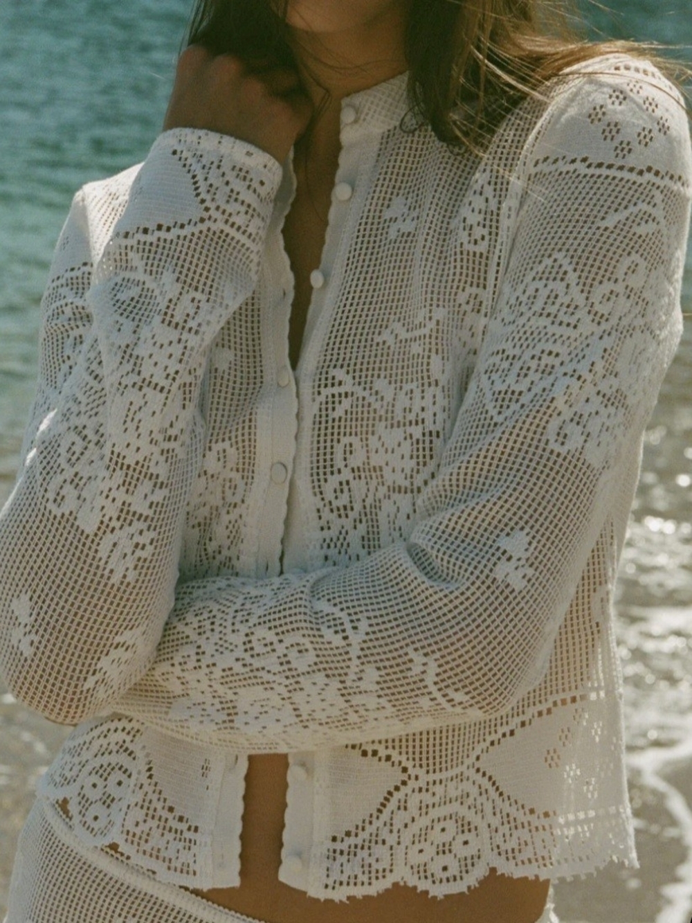 With Jean White Crochet Button-Front Swim Coverup